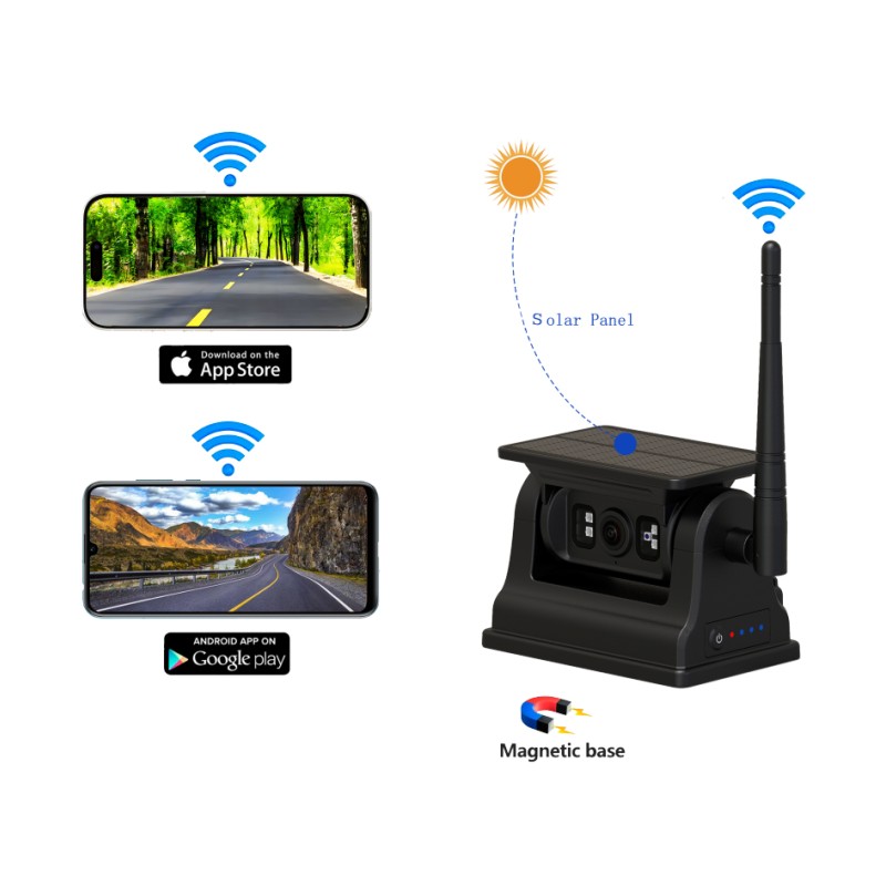 1080P WiFi trådløst ryggekamera for Android iOS med solcellelading og magnetisk feste