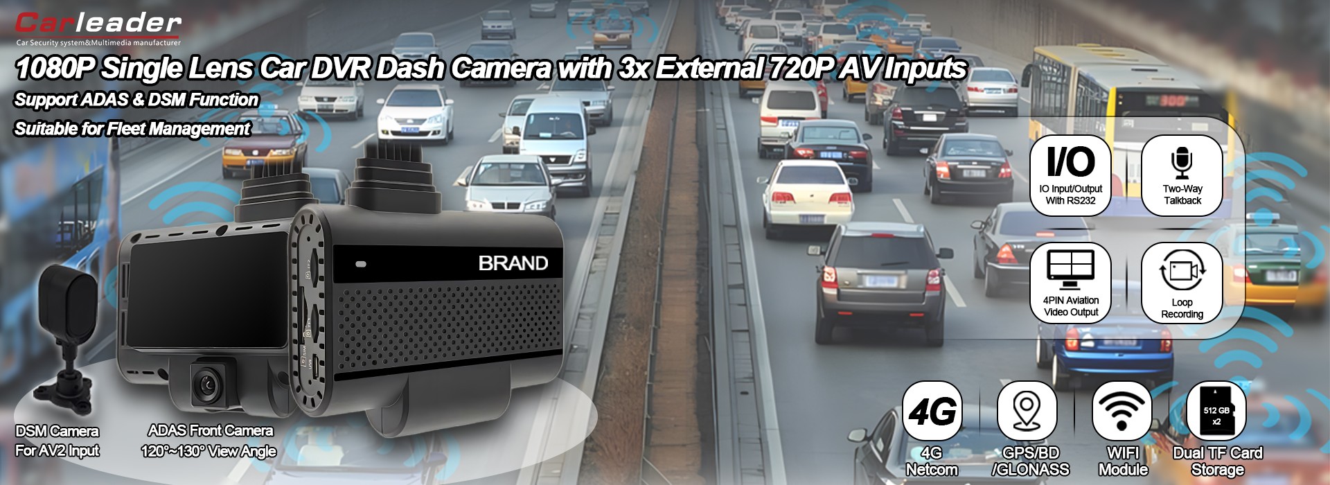 1080P enkeltlinse bil DVR Dash-kamera med 3 eksterne 720P-innganger