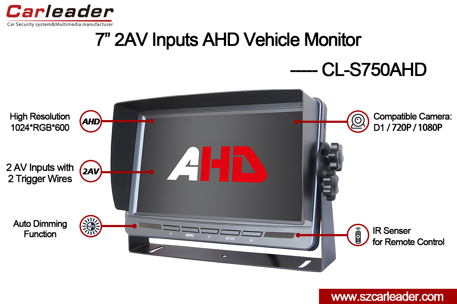 7 tommers TFT LCD AHD-skjerm for bil bakfra