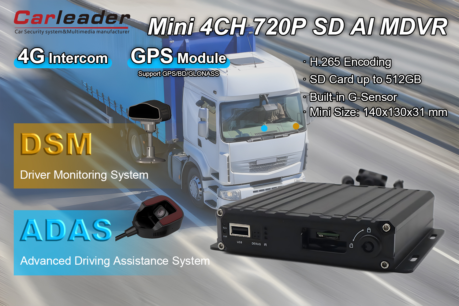 4CH AHD 1080P SD-kort AI MDVR Støtte DSM ADAS
