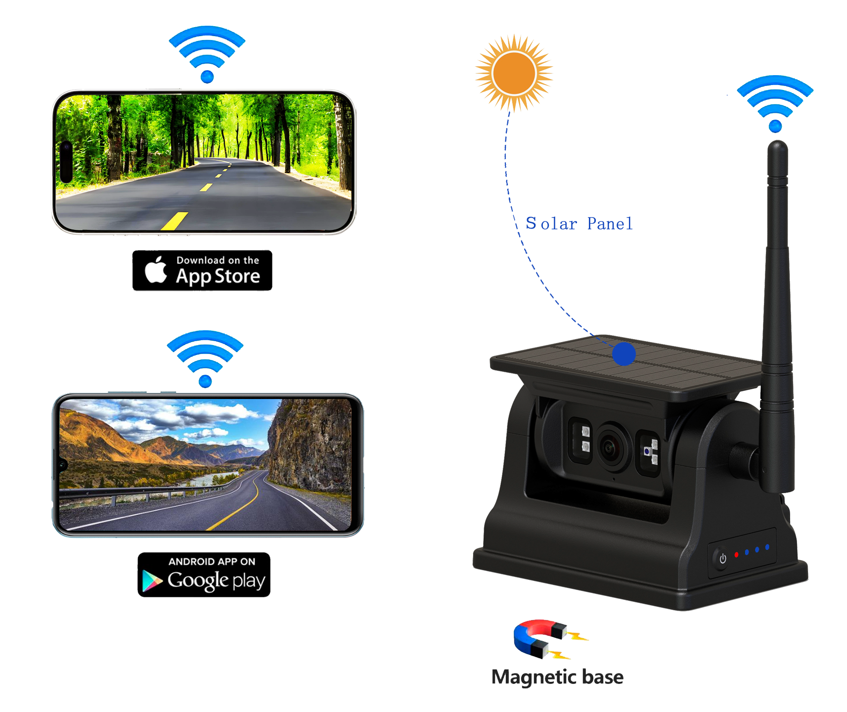 Oppladbar 2,4G WiFi Wireless Solar Car Rear View Camera for Android iOS